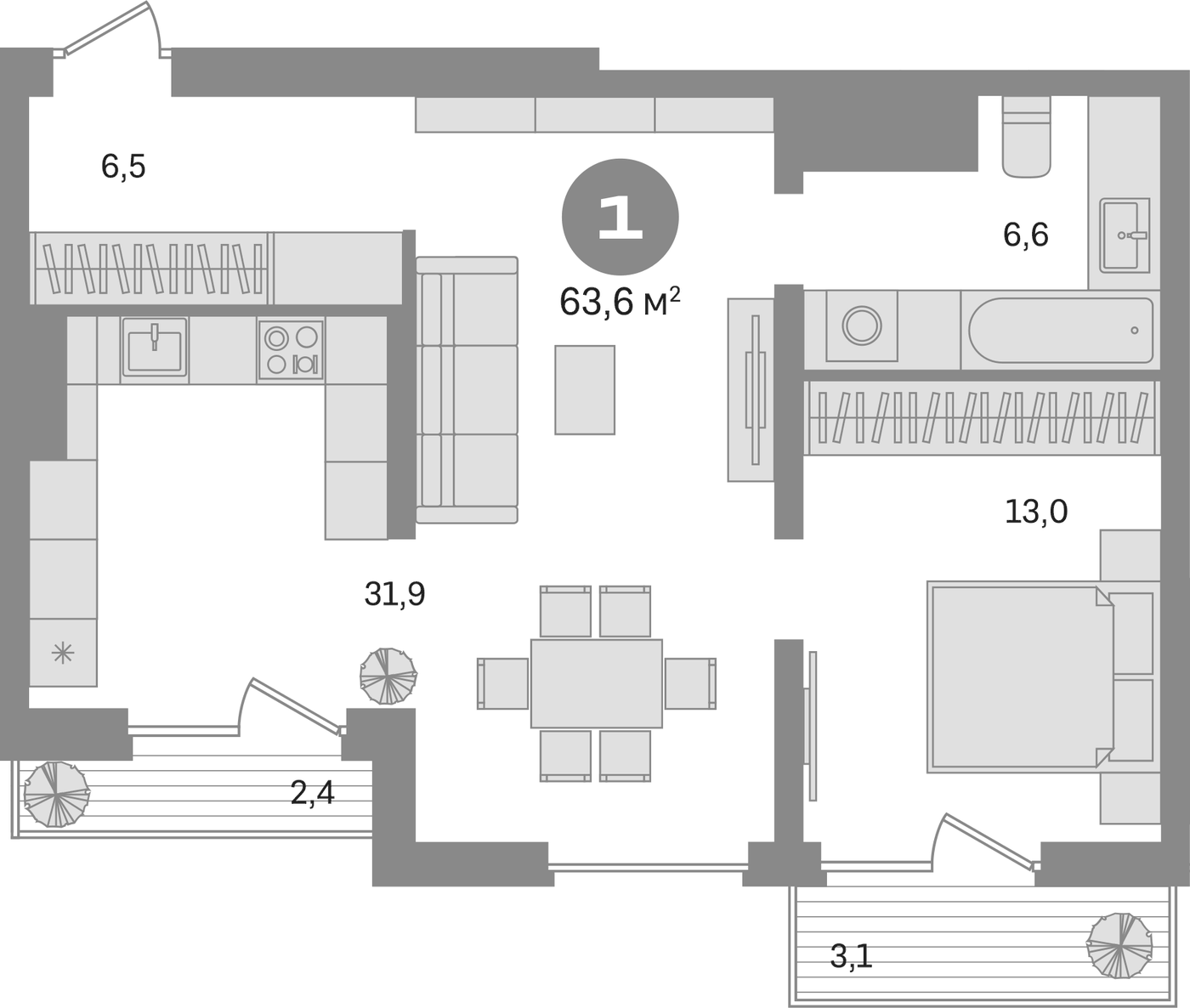 Планировка 2Е-к.кв, 63,6 м² в ЖК Северный квартал